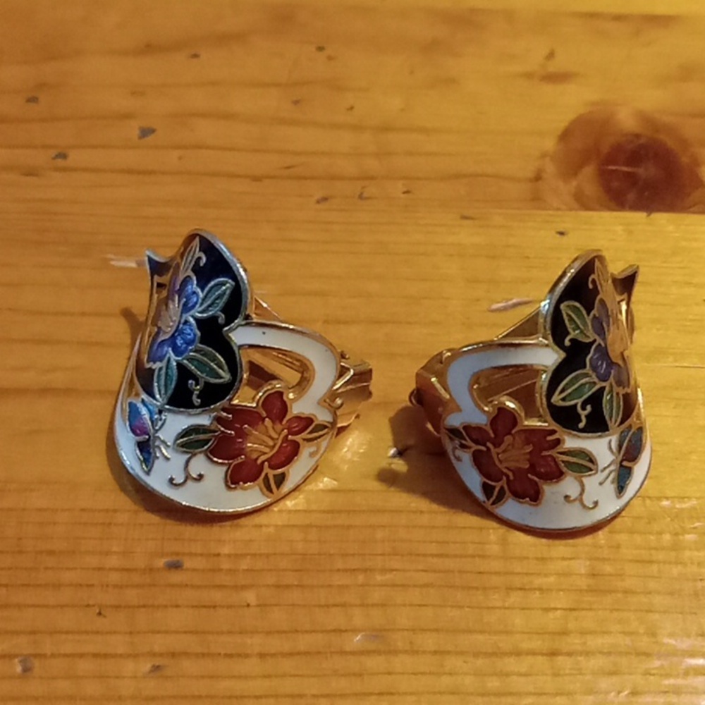 Colorful Floral Enamel Clip On Earrings (need to switch clip around)